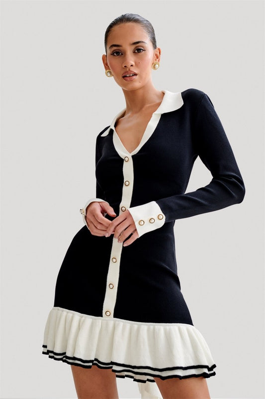 Vestido Mini de Tricot com Babado Contrastante e Laço - Alexia