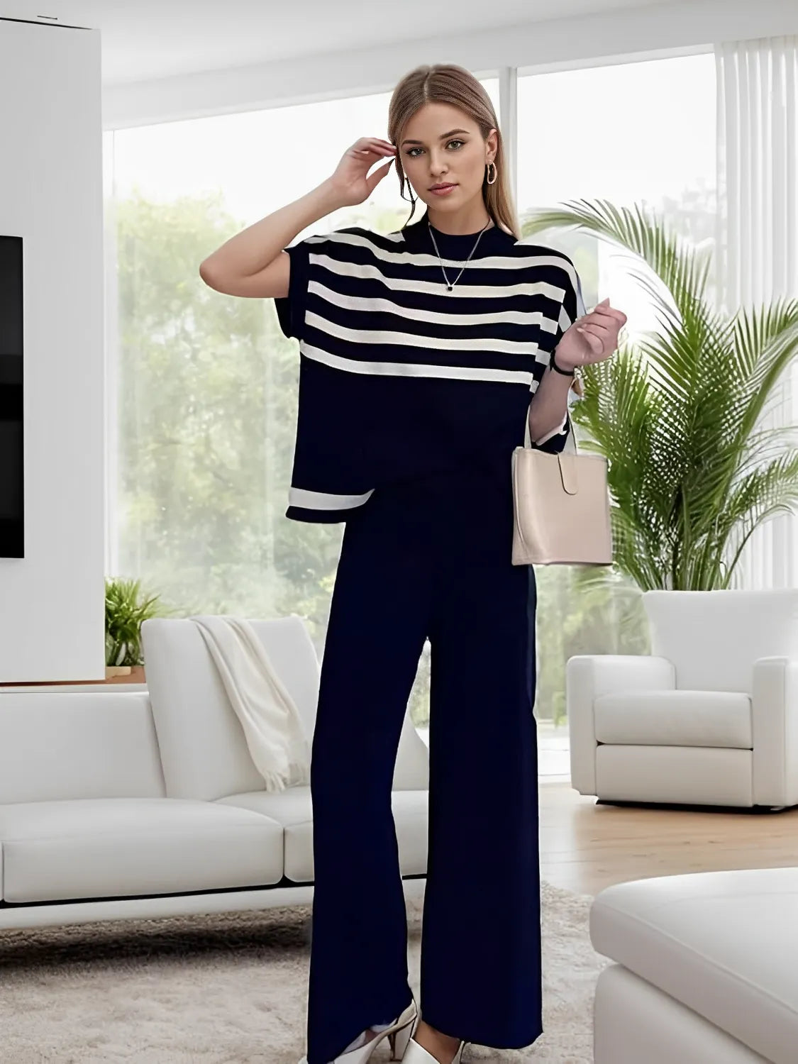Conjunto Feminino com Blusa Gola Alta e Mangas Morcego e Calça com Cós Elástico - Alessia