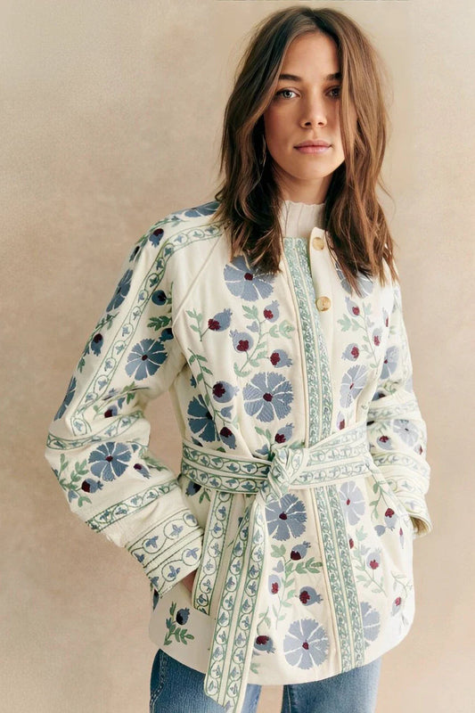 Jaqueta Casual Street com Flores, Laço e Botões em Patchwork com Decote Redondo