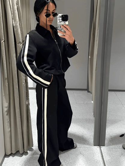 Conjunto Feminino Casual Esportivo com Jaqueta de Zíper e Calça com Listras Brancas Laterais  – Fernanda