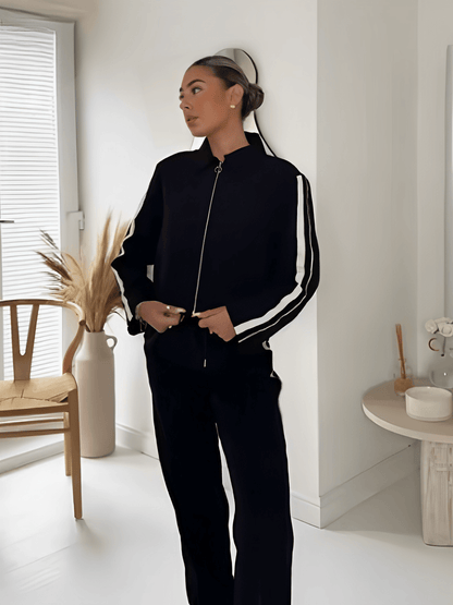 Conjunto Feminino Casual Esportivo com Jaqueta de Zíper e Calça com Listras Brancas Laterais  – Fernanda