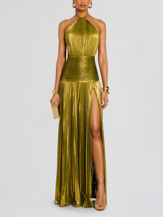 Vestido Longo Thalia em Lamê Peridoto Metálico