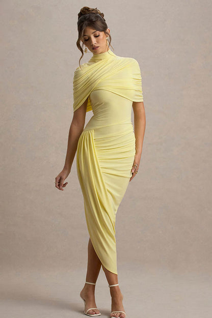 Vestido Midi Cinturado com Detalhe de Drapeado e Costas Nuas
