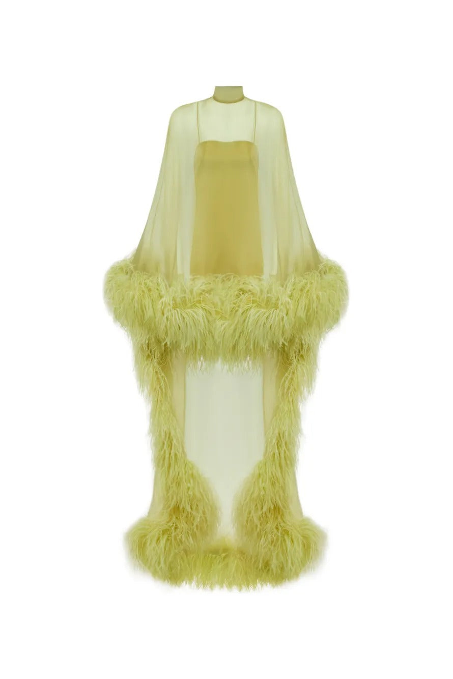 Kiwi Gold Feather-Trimmed Sheer Maxi Dress