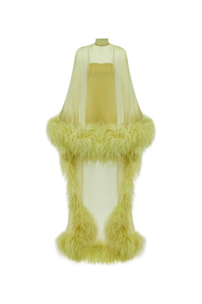 Kiwi Gold Feather-Trimmed Sheer Maxi Dress