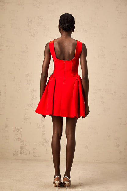 Vestido Mini Vermelho Flare com Decote Bateau