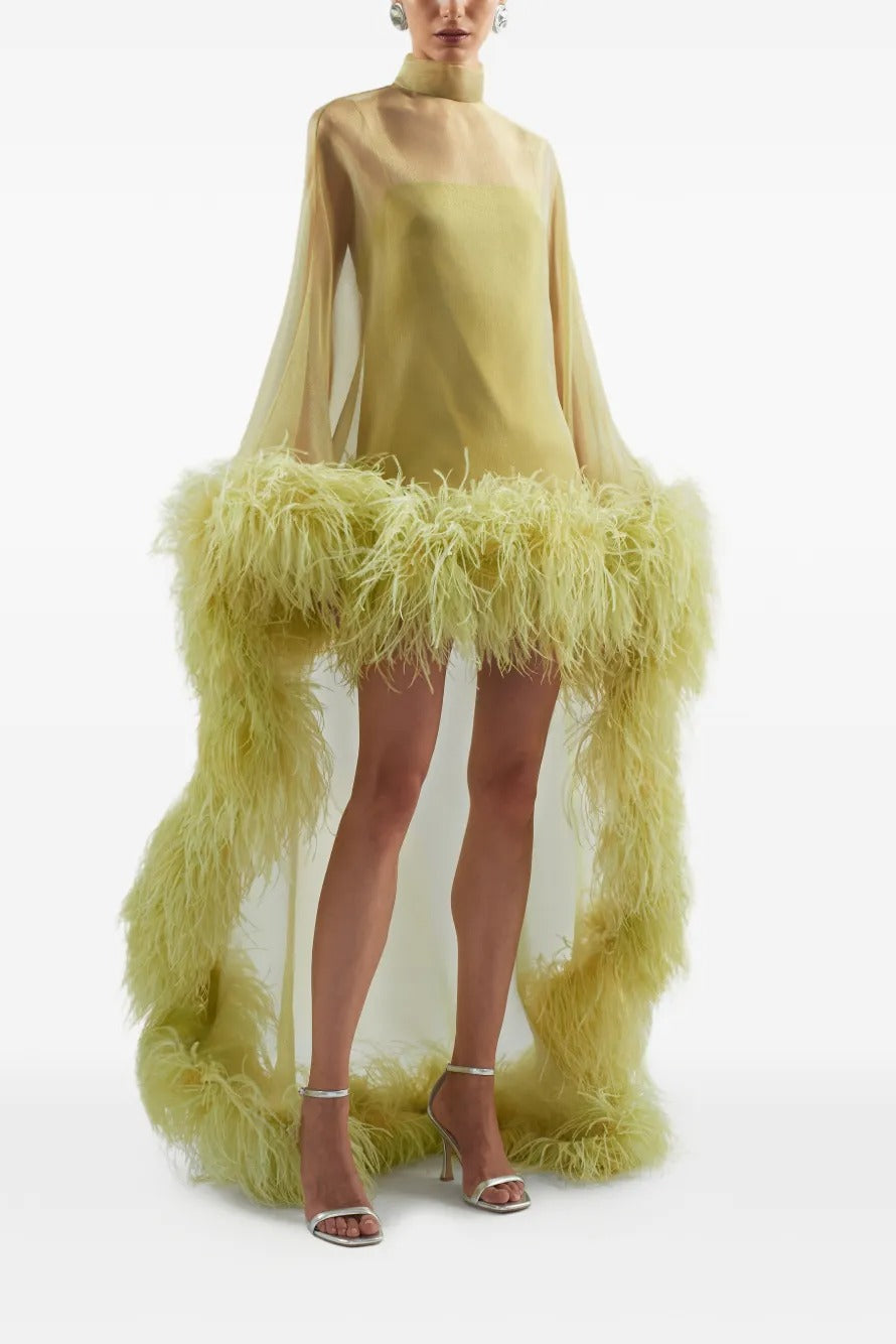 Kiwi Gold Feather-Trimmed Sheer Maxi Dress