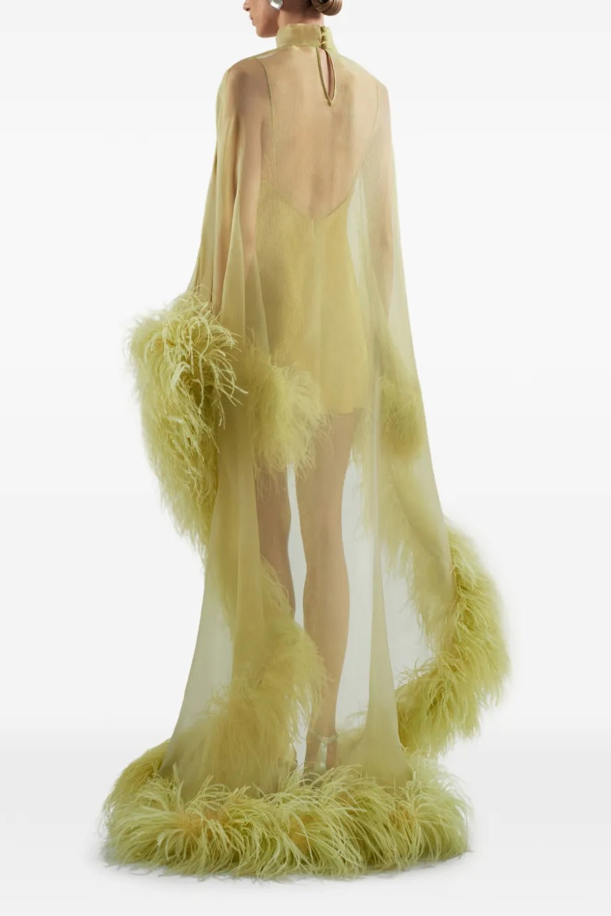 Kiwi Gold Feather-Trimmed Sheer Maxi Dress