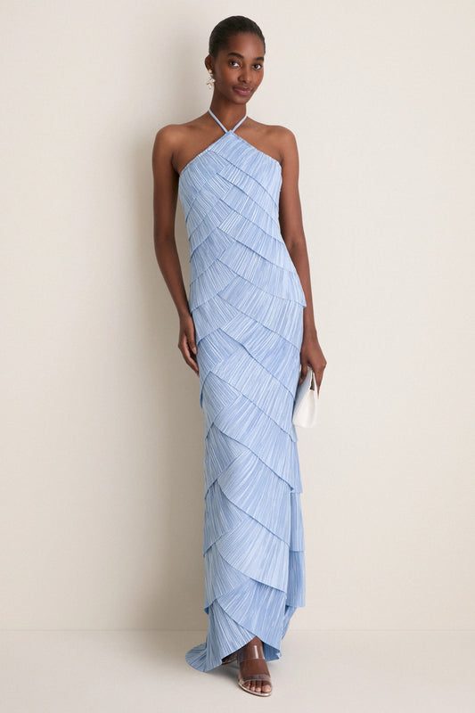 Vestido Elyra Plissado Azul com Gola Halter