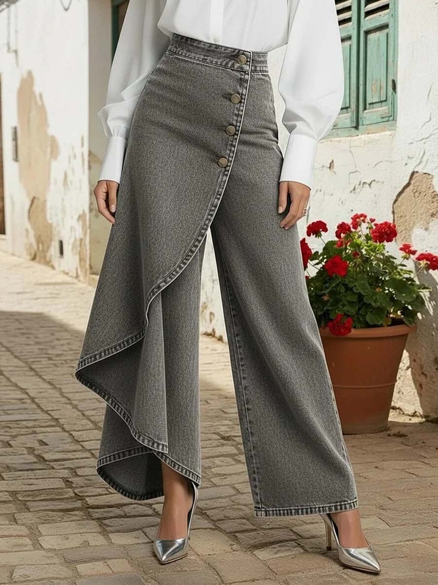 Calça Wide Leg com Transpasse Assimétrico e Cintura Alta