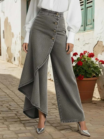 Calça Wide Leg com Transpasse Assimétrico e Cintura Alta