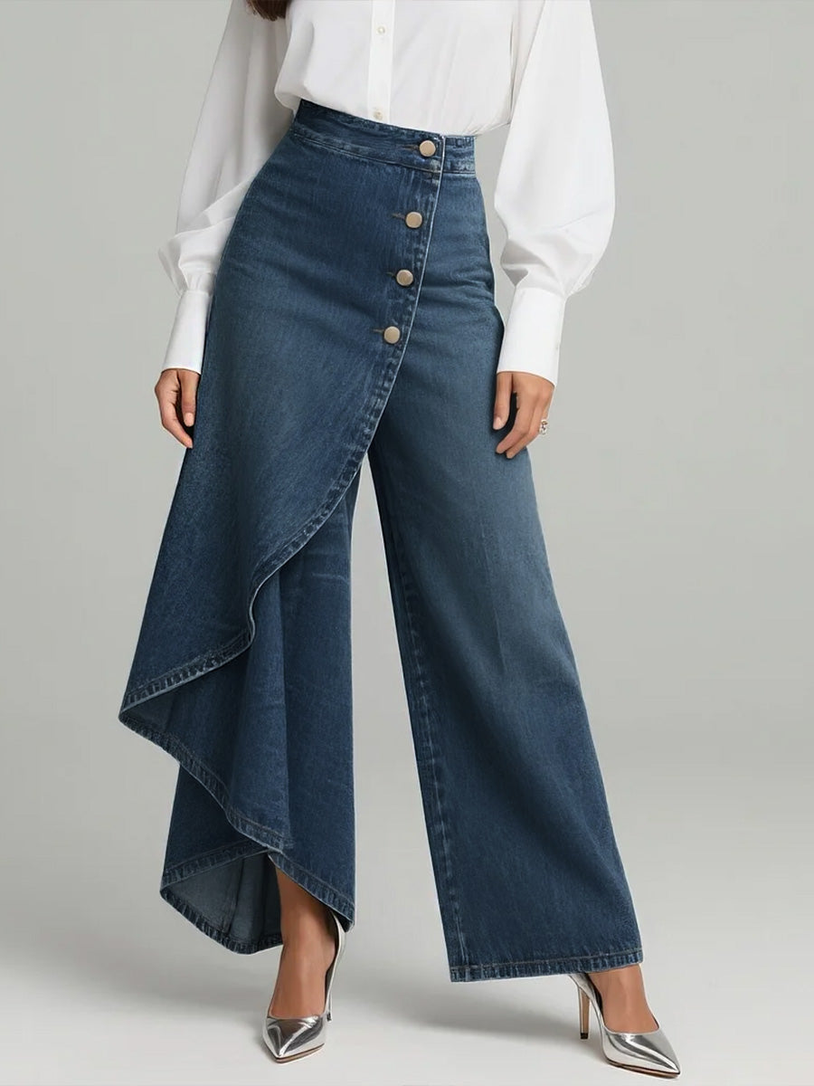 Calça Wide Leg com Transpasse Assimétrico e Cintura Alta