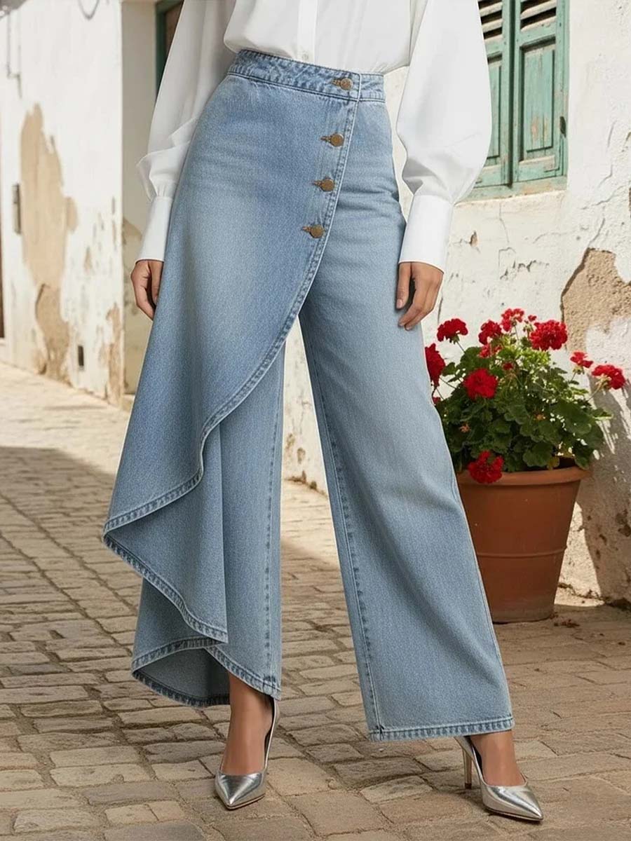 Calça Wide Leg com Transpasse Assimétrico e Cintura Alta