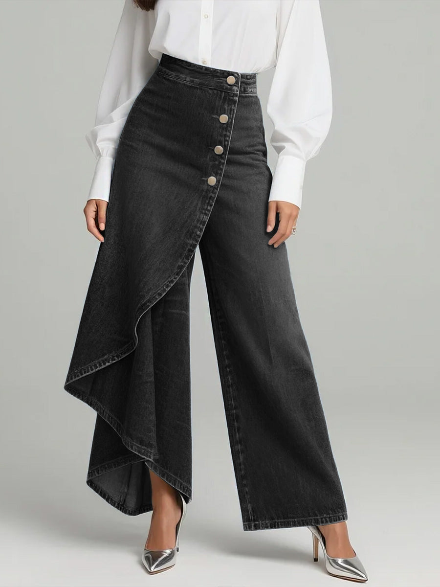 Calça Wide Leg com Transpasse Assimétrico e Cintura Alta