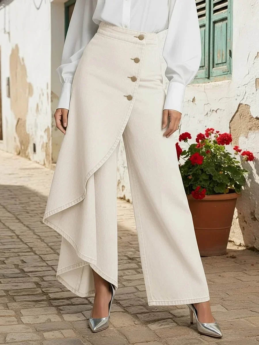 Calça Wide Leg com Transpasse Assimétrico e Cintura Alta