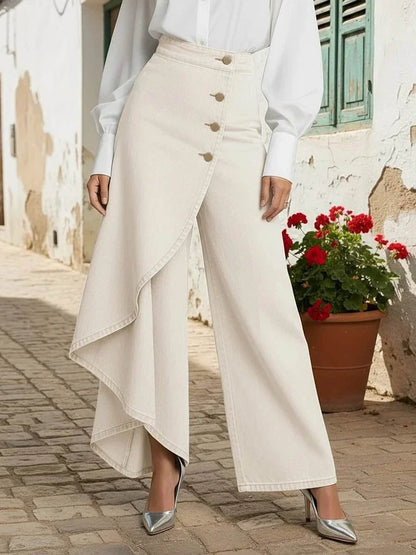 Calça Wide Leg com Transpasse Assimétrico e Cintura Alta