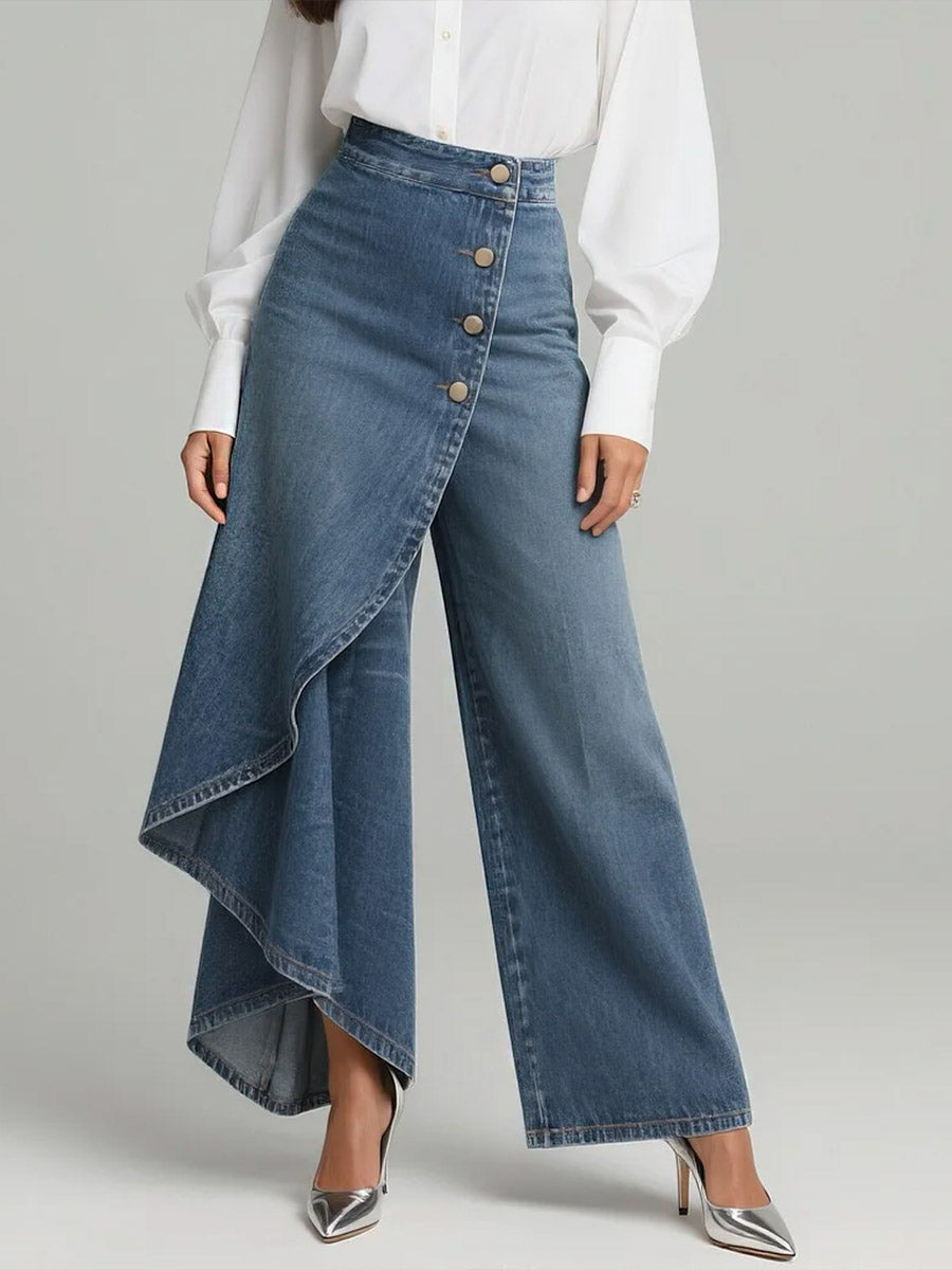 Calça Wide Leg com Transpasse Assimétrico e Cintura Alta